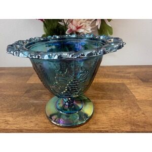 Indiana Glass Harvest Grape Deep Blue Iridescent Carnival Glass Pedestal Candy